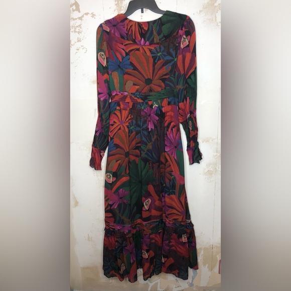 Farm, Rio Bird flowers long sleeve V-neck maxi dress, size small - Picture 4 of 15